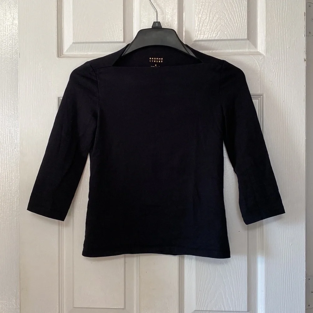 Kate Spade Black Slash Boatneck 3/4” Elbow Sleeve Cotton Shirt